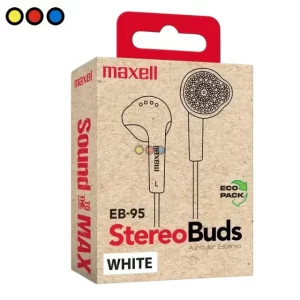 Auricular Stereo Maxell EB95 Blanco frontal, Auricular Stereo Maxell EB95 Blanco detalle