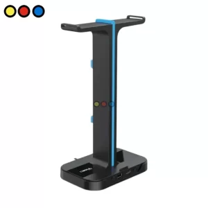 Base de soporte para headset Soul con RGB y Hub USB, vista frontal; Base de soporte para headset Soul con RGB y Hub USB, vista lateral con puertos