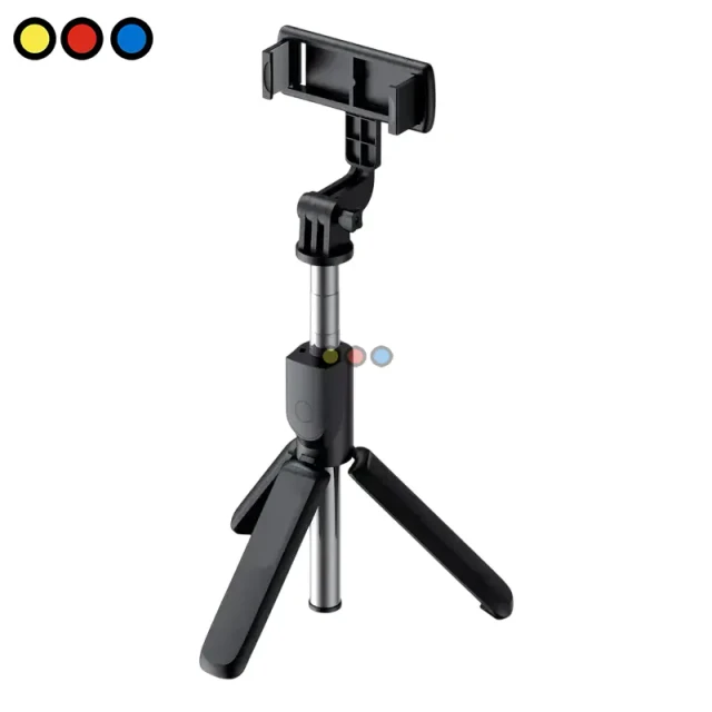 Bastón Selfie Soul H50 Negro extendido; Bastón Selfie Soul H50 Negro plegado; Bastón Selfie Soul H50 Negro con trípode desplegado; Detalle conexión Bluetooth Bastón Selfie Soul H50 Negro