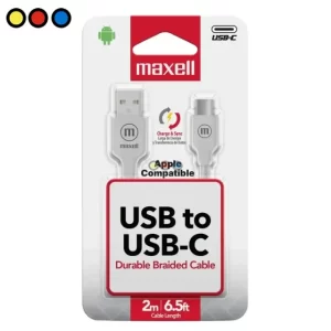 Cable USB-C a USB-C Maxell Mallado Blanco 2 Metros, Detalle Conectores Cable USB-C Maxell