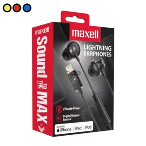 Manos Libres Stereo Lightning Maxell M5 Negro vista frontal,Manos Libres Stereo Lightning Maxell M5 Negro vista lateral