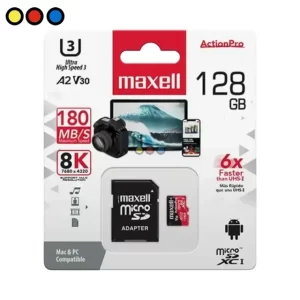 Memoria Micro SD Maxell 128GB frontal, Memoria Micro SD Maxell 128GB detalle