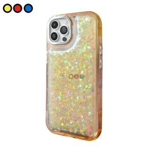 Protector reforzado transparente con glitter Soul para Samsung Galaxy A05S, vista frontal color amarillo; Protector reforzado transparente con glitter Soul para Samsung Galaxy A05S, vista lateral color amarillo; Protector reforzado transparente con glitter Soul para Samsung Galaxy A05S, detalle de glitter color amarillo.
