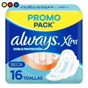 Toallitas Always Xtra Doble Protección Seca Con Alas (Pack X 16u) (Caja X 24u)