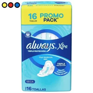 Toallitas Always Xtra Triple Protección día Seca Con Alas (Pack X 16u) (Caja X 24u)