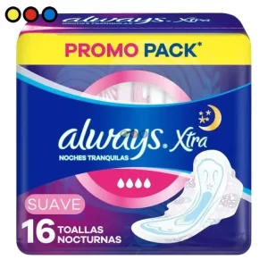 Toallitas Always Xtra Triple Protección Nocturna Suave Con Alas (Pack X 16u) (Caja X 24u)