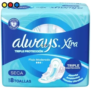 Toallitas Always Xtra Triple Protección día Seca Con Alas (Pack X 8u) (Caja X 24u)