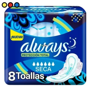 Toallitas Always Xtra Triple Protección Nocturna Seca Con Alas (Pack X 8u) (Caja X 24u)