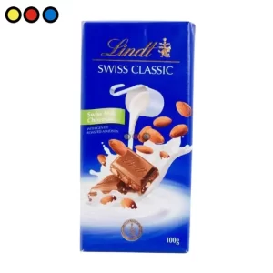 Tableta de chocolate Lindt con leche y almendras de 100 gramos, Detalle del empaque de chocolate suizo Lindt Milk Almond.