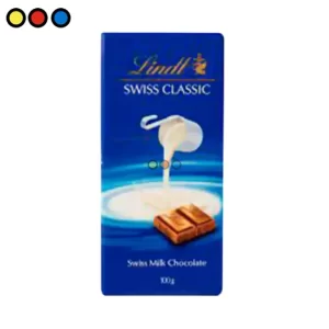Tableta de chocolate Lindt Swiss Classic Milk de 100 gramos, empaque azul clásico de chocolate suizo Lindt.