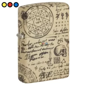Encendedor Zippo Alchemy Design con acabado metálico, Detalle del diseño de alquimia grabado en encendedor Zippo, Caja de presentación encendedor Zippo original