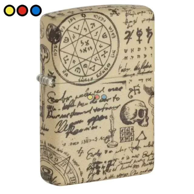 Encendedor Zippo Alchemy Design con acabado metálico, Detalle del diseño de alquimia grabado en encendedor Zippo, Caja de presentación encendedor Zippo original