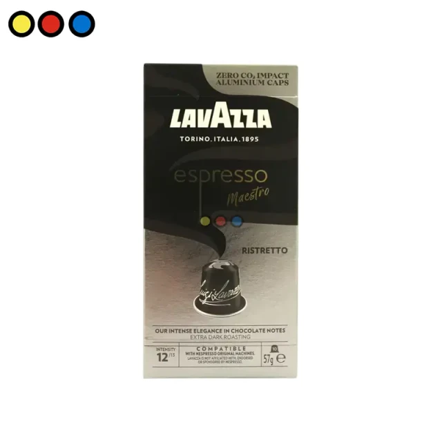 Caja de 10 cápsulas Lavazza Espresso Ristretto compatibles con Nespresso, Detalle de cápsula Lavazza Ristretto de aluminio