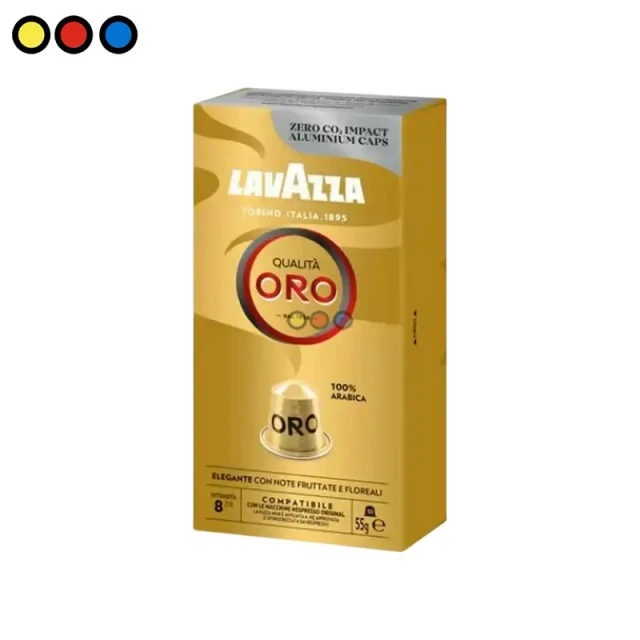 Caja de 10 cápsulas Lavazza Qualità Oro compatibles con Nespresso, Detalle de cápsula de café Lavazza Qualità Oro 100% Arábica