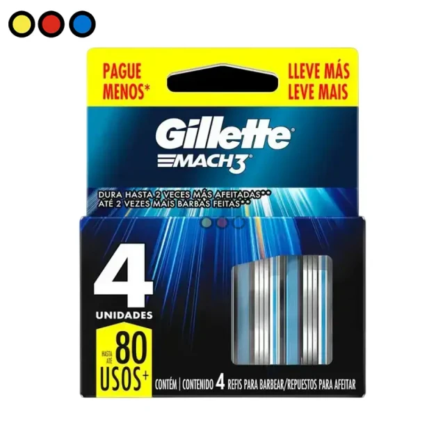 Caja display de 12 unidades de repuestos Gillette Mach3 4u, Detalle de cartucho Gillette Mach3 con 3 hojas