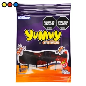 Paquete de gomitas Yummy Arañitas 150g sabor frutal, Detalle de gomitas con forma de araña marca Yummy