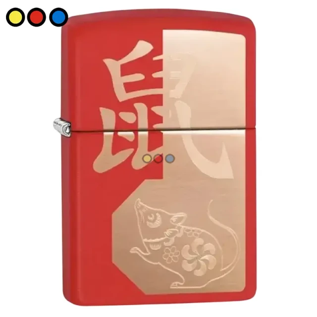 Encendedor Zippo Year of the Rat en acabado rojo mate, Vista detallada del diseño del Año de la Rata en encendedor Zippo