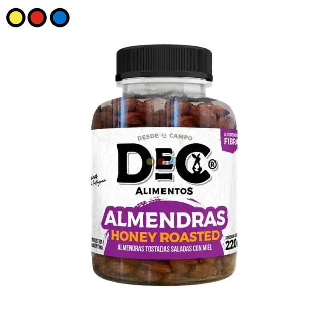 Bolsa de Almendras Honey Roasted DEC 220g, Caja de 12 paquetes de almendras con miel DEC