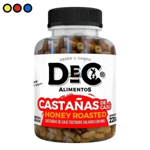 Castañas de cajú Honey Roasted marca DEC pack de 12 unidades de 220 gramos, snack de castañas tostadas con miel.