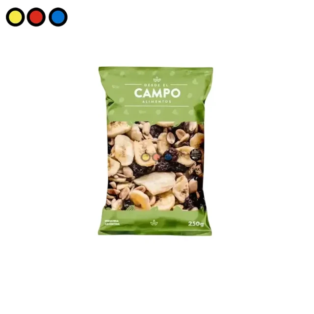 Pack bulto cerrado de 12 bolsas de Mix Energía de 250 gramos, Detalle de frutos secos del Mix Energía con nueces y almendras, Tabla nutricional del Mix Energía El Posito
