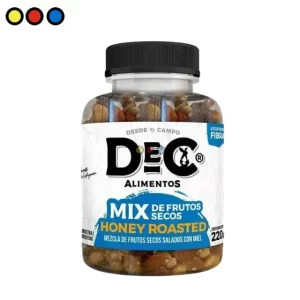 Pack de 12 unidades de Mix Honey Roasted DEC de 220 gramos, snack de frutos secos con miel.