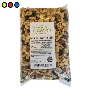 Caja de 6 unidades de Mix Power Up de 1kg cada una, Mezcla de frutos secos premium Power Up, Detalle de frutos secos y semillas Power Up.