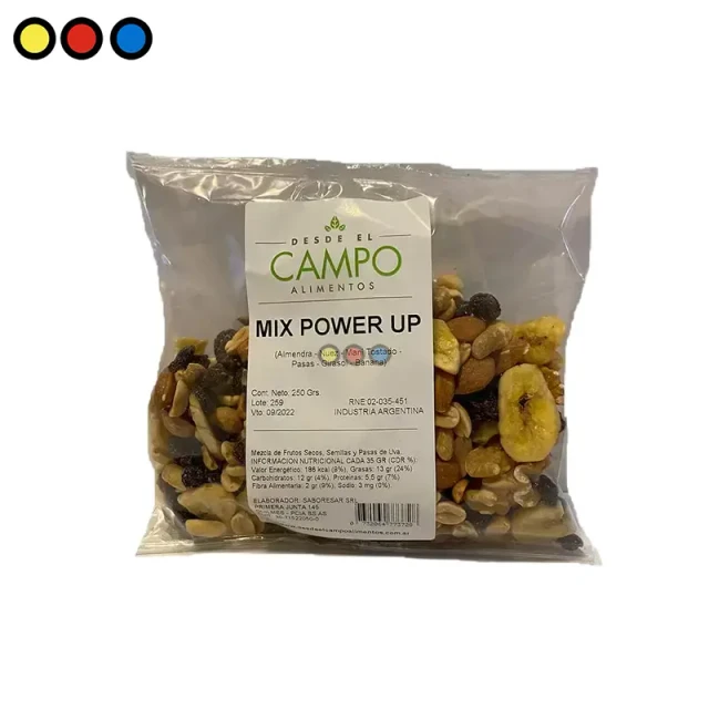 Caja de Mix de Frutos Secos Power Up 250 gramos pack de 12 unidades, Envase individual de Mix Power Up 250g snacks saludables, Ingredientes del Mix Power Up de frutos secos premium