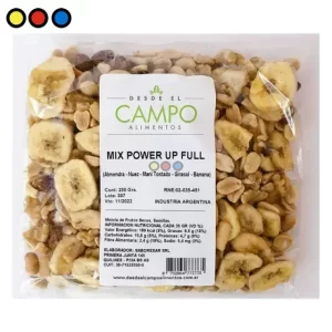 Caja de 12 unidades de Mix Power Up Full de 250 gramos, Bolsa individual de Mix de Frutos Secos Power Up Full, Detalle de frutos secos y semillas Power Up