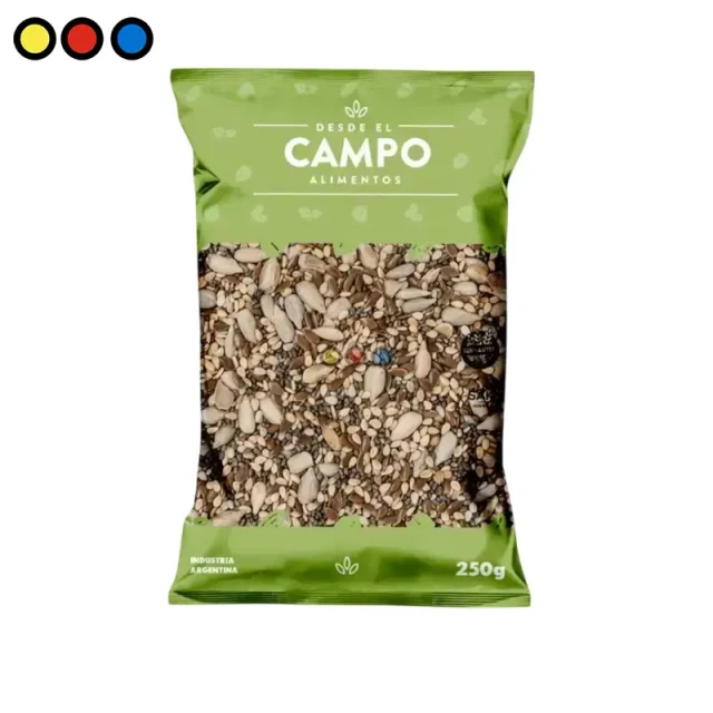 Pack de 12 bolsas de mix de semillas de 250 gramos cada una, ideal para una dieta equilibrada.