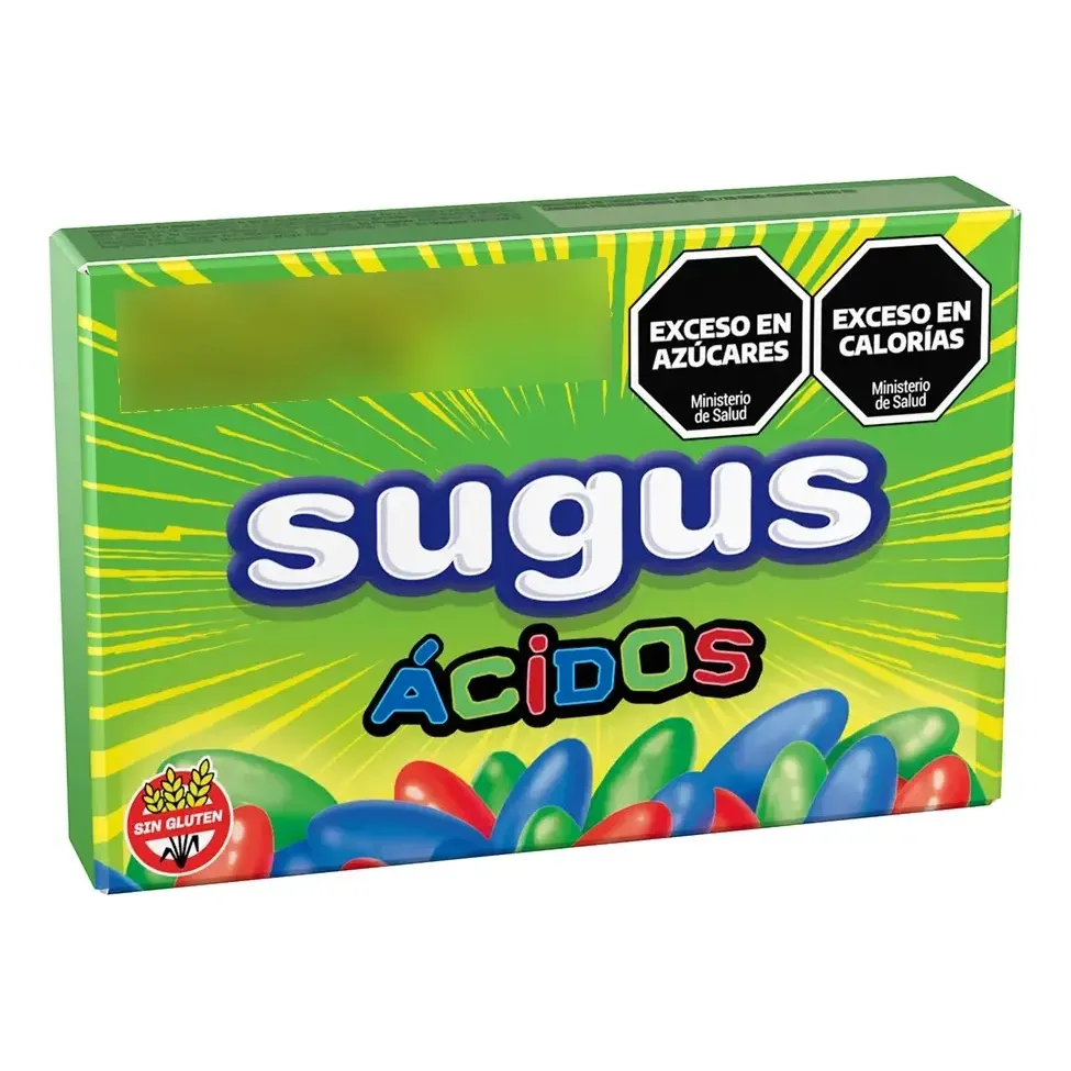 Caja de Caramelos Sugus Confitados Ácidos de 50 gramos, arte vigente con sello sin gluten