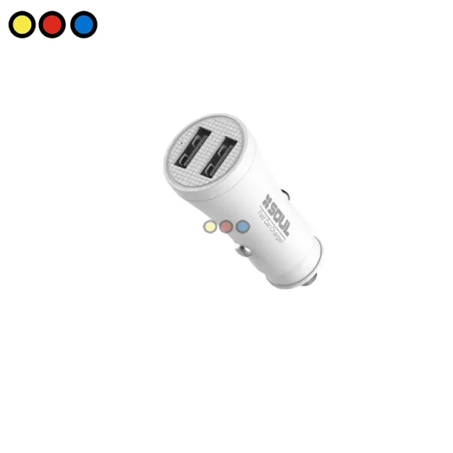 Cargador de auto Soul con dos puertos USB en color blanco