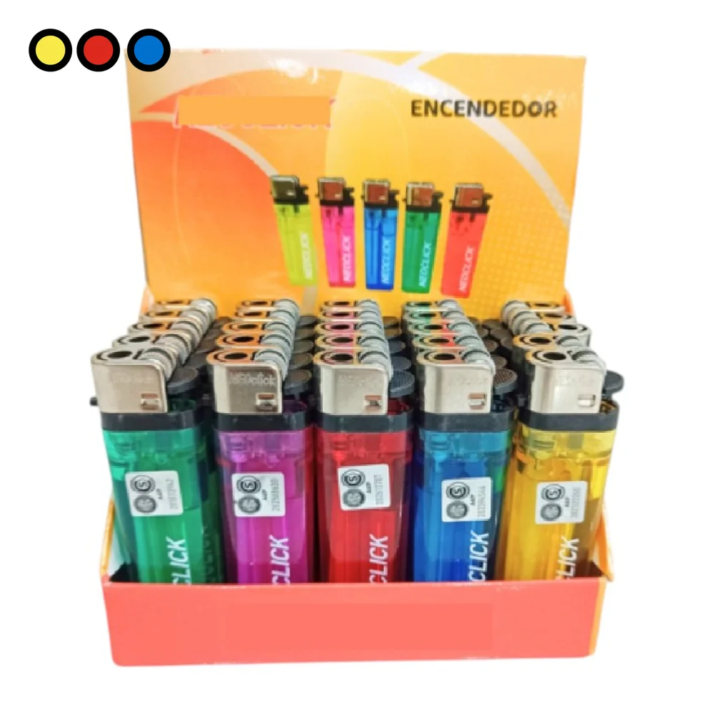 Display de encendedores Neoclick descartables a piedra en colores surtidos por mayor