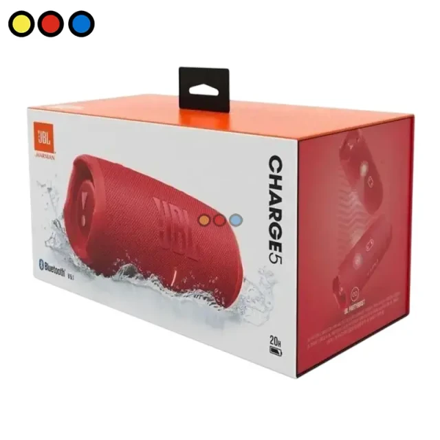 Parlante Bluetooth JBL Charge 5 color rojo vista frontal, Empaque de parlante JBL Charge 5 rojo, Detalle de botones y logo JBL Charge 5 rojo