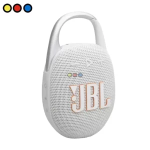Parlante JBL Clip 5 color blanco vista frontal, Detalle de mosquetón JBL Clip 5 blanco, Packaging original parlante JBL Clip 5