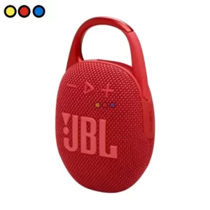 Parlante portátil JBL Clip 5 color rojo vista frontal, Detalle de mosquetón integrado JBL Clip 5 rojo, Caja original del parlante JBL Clip 5 rojo