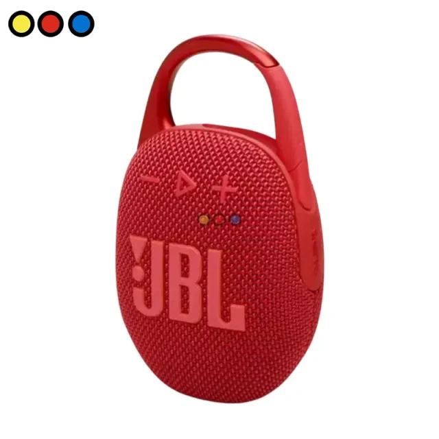 Parlante portátil JBL Clip 5 color rojo vista frontal, Detalle de mosquetón integrado JBL Clip 5 rojo, Caja original del parlante JBL Clip 5 rojo