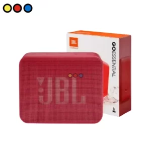 Parlante JBL GO Essential 2 color rojo vista frontal, Packaging del parlante JBL GO Essential 2 rojo, Detalle de botones y terminación JBL GO Essential 2
