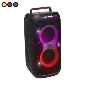 Frente de Torre de Sonido JBL Partybox Club 120, Vista lateral parlante JBL Partybox Club 120 con luces encendidas, Caja de producto JBL Partybox Club 120