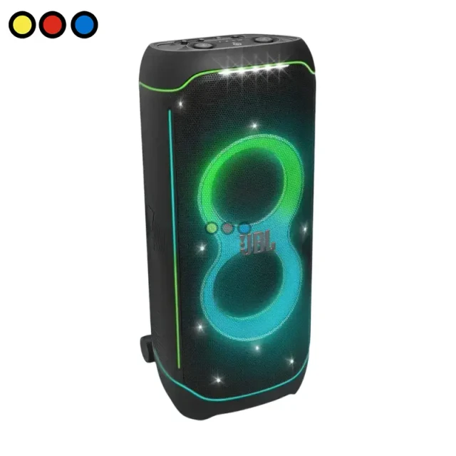Torre de sonido JBL Partybox Ultimate con luces LED activas, Detalle lateral de la torre JBL Partybox Ultimate, Caja de embalaje JBL Partybox Ultimate