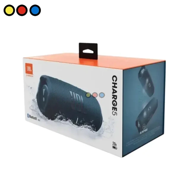 Parlante JBL Charge 5 color azul vista frontal, Parlante JBL Charge 5 azul lateral con radiadores de bajos