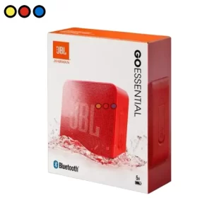 Vista frontal del parlante JBL GO Essential color rojo, Packaging del parlante JBL GO Essential rojo