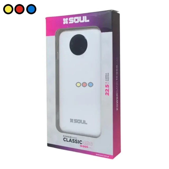 Powerbank Soul Classic 400 10000mAh Blanco frente, Detalle puertos USB-C e IPH Powerbank Soul