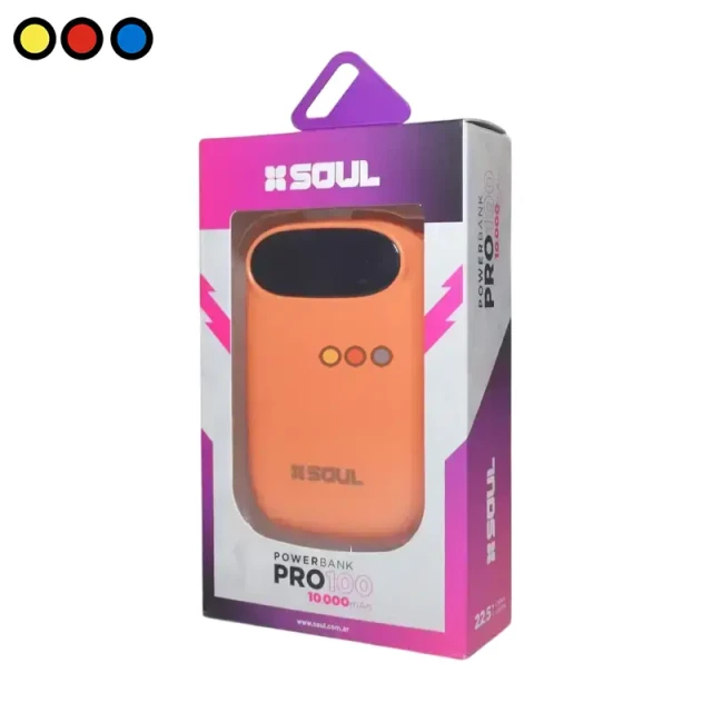 Powerbank Soul Pro 100 10000mAh color naranja frente con display, Cargador portátil Soul 22.5W carga rápida vista lateral