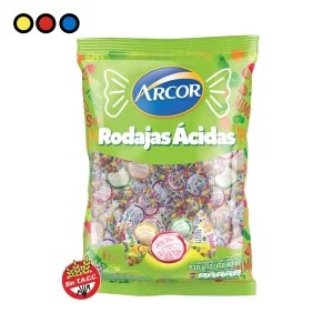 Bolsa de 930 g de caramelos Arcor Rodajas Ácidas con sello Sin TACC, venta por mayor