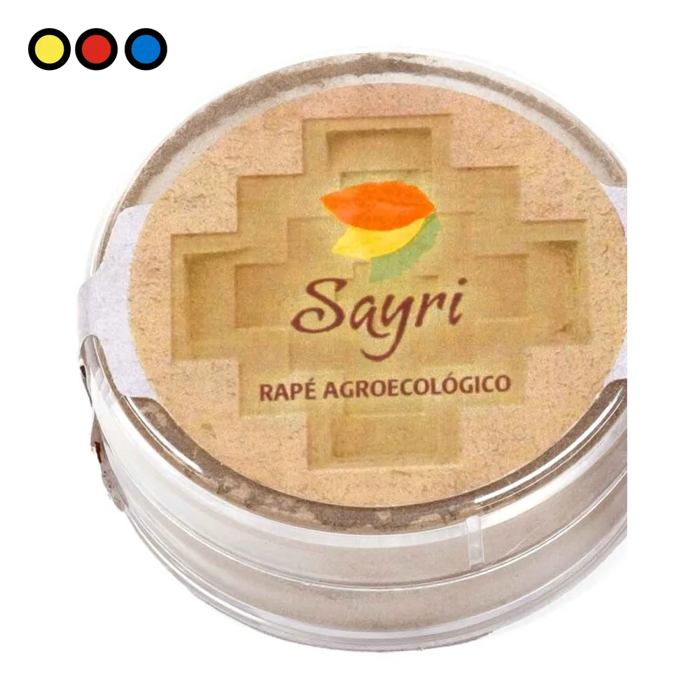 Etiqueta del Rapé Sayri Cacao con su composición de cacao y tabaco amazónico