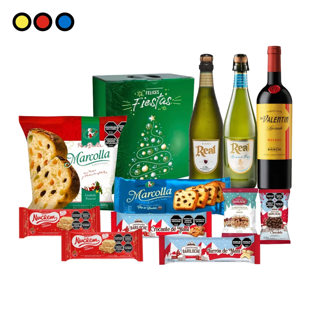 Caja Navideña Pop N°3 con sidra Real, Ananá Fizz, vino Don Valentín y pan dulce Marcolla por mayor - Distribuidora Pop