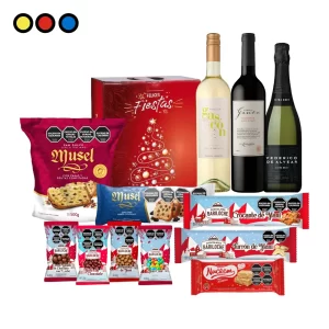 Caja Navideña Pop N°4 Bariloche-Musel con espumante Federico de Alvear, vino Familia Gascón y pan dulce Musel por mayor - Distribuidora Pop