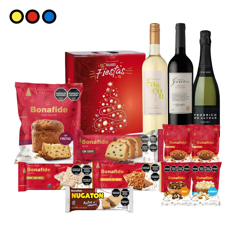 Caja Navideña Pop N°4 Bonafide con espumante Federico de Alvear, vino Familia Gascón y golosinas Bonafide por mayor - Distribuidora Pop