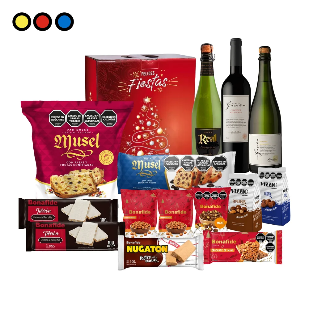 Caja Navideña Pop N°5 con sidra Real, vino Familia Gascón, espumante y golosinas Bonafide y Vizzio por mayor - Distribuidora Pop
