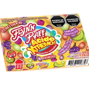 Cajita de 50 g de caramelos confitados Flynn Paff Ácido Xtremo, sabores kiwi melón frambuesa y uva - Distribuidora Pop